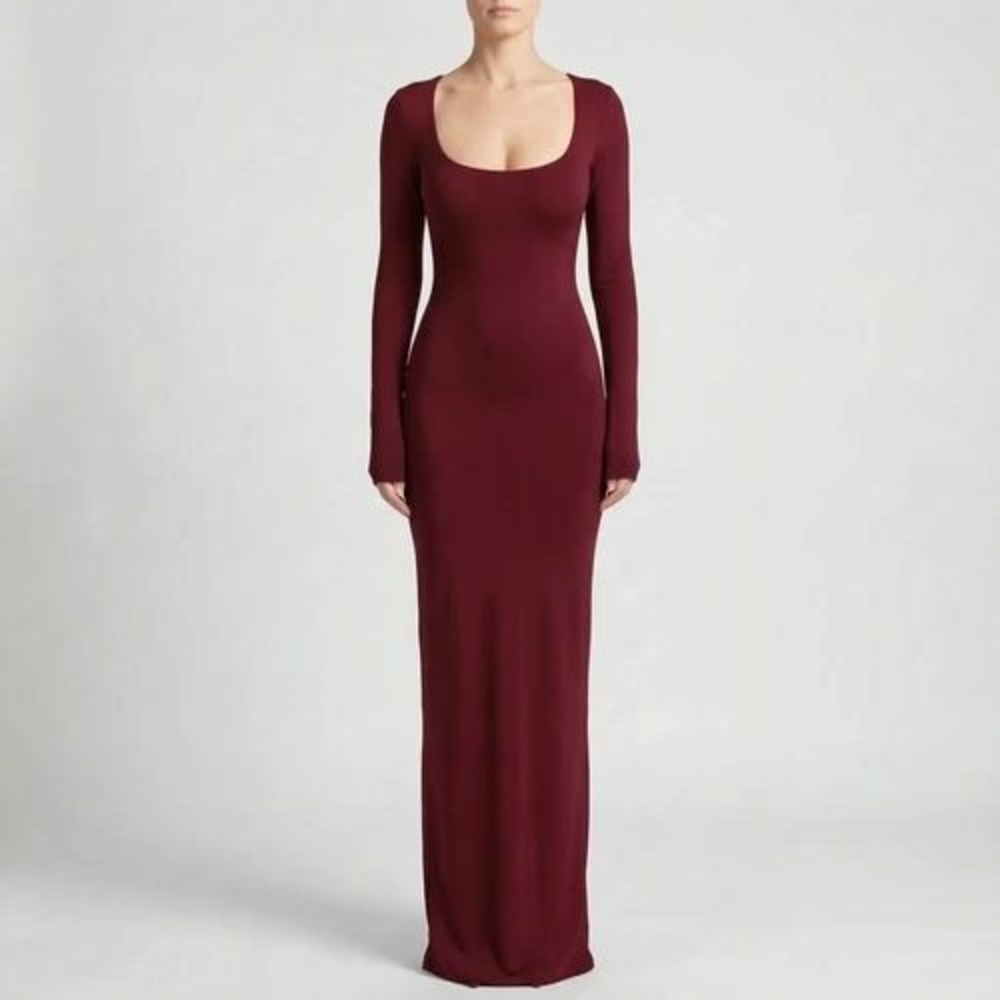 Skims Soft Lounge Long Sleeve Ribbed Maxi Dress Burgundy Wine Women Size Small